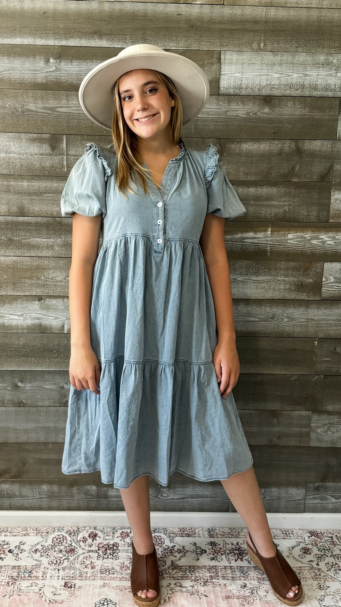 jodifl denim short peasant sleeve midi dress frilled shoulders B10006