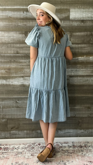 jodifl denim short peasant sleeve midi dress frilled shoulders B10006