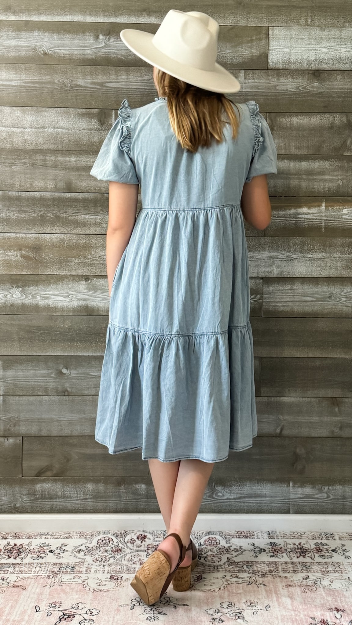 jodifl denim short peasant sleeve midi dress frilled shoulders B10006