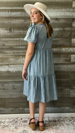 jodifl denim short peasant sleeve midi dress frilled shoulders B10006