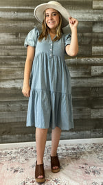 jodifl denim short peasant sleeve midi dress frilled shoulders B10006