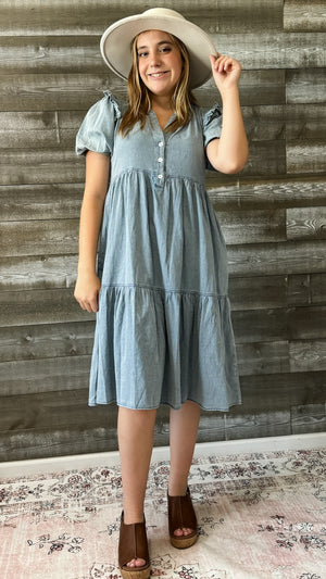 jodifl denim short peasant sleeve midi dress frilled shoulders B10006