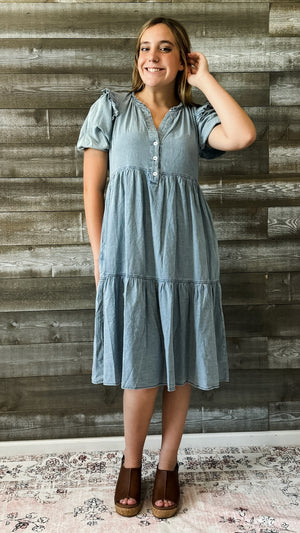 jodifl denim short peasant sleeve midi dress frilled shoulders B10006