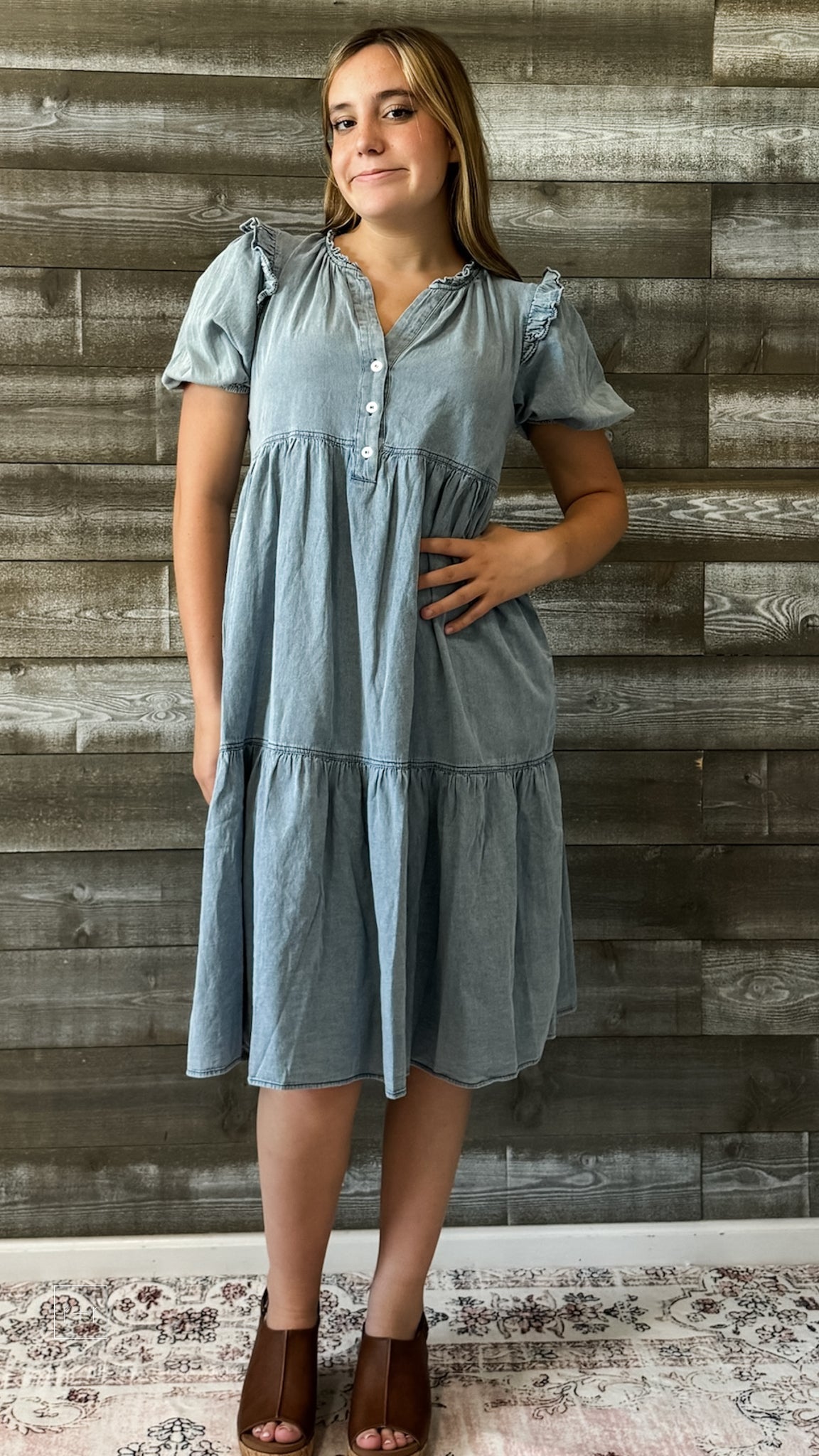 jodifl denim short peasant sleeve midi dress frilled shoulders B10006