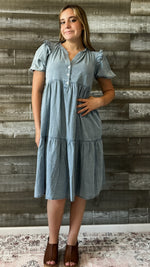 jodifl denim short peasant sleeve midi dress frilled shoulders B10006