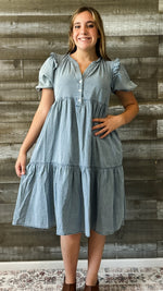 jodifl denim short peasant sleeve midi dress frilled shoulders B10006