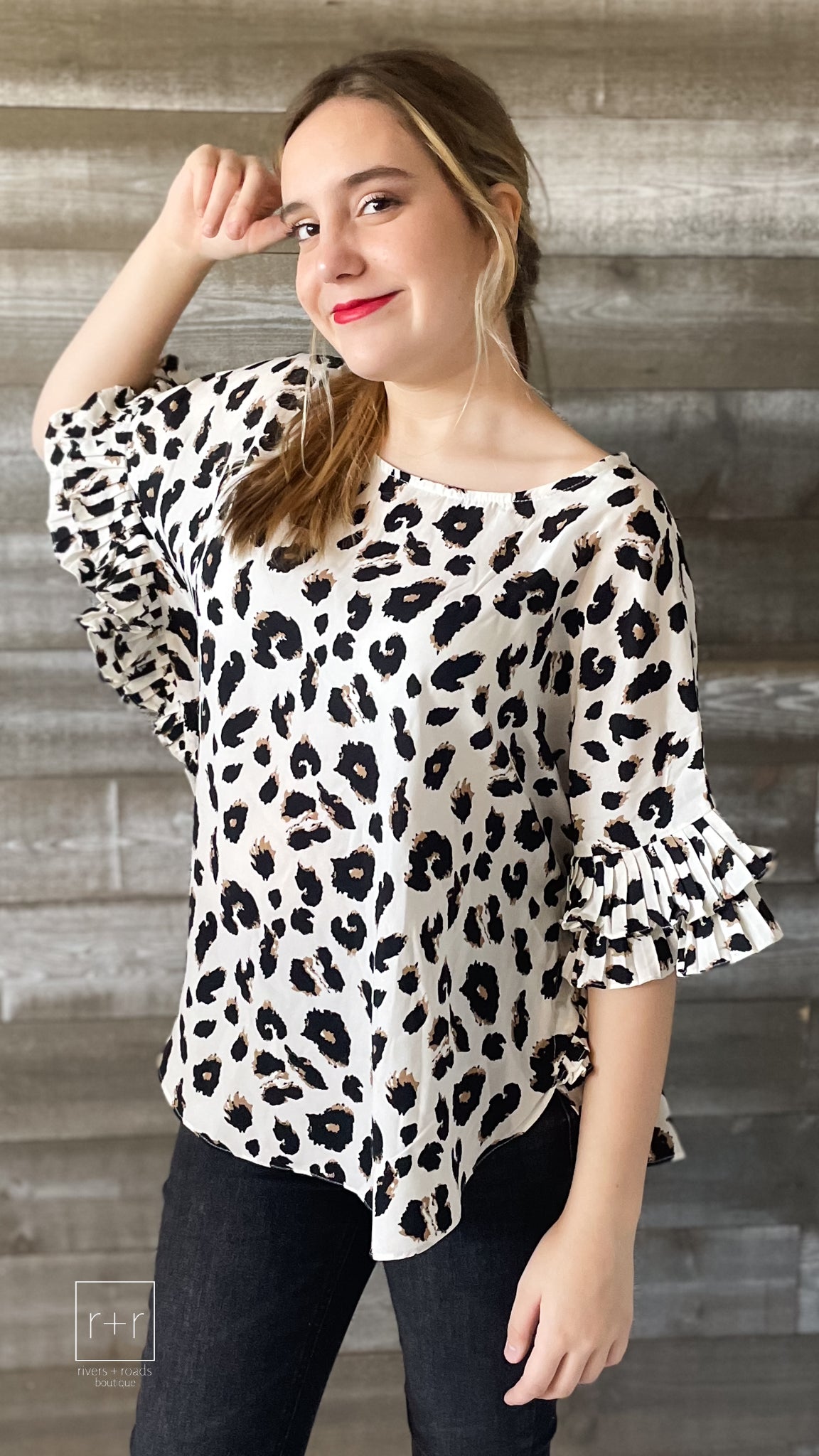 jodifl leopard print dolman ruffle sleeve blouse in off white B7038-1