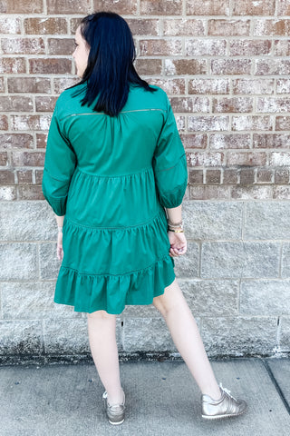 Jodifl Forest Green Tiered Mini Dress with Peasant Sleeves G13494 for Holiday Parties and Christmas pictures and Christmas Dinner