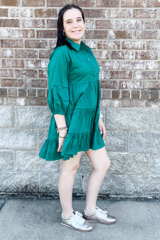 Jodifl Forest Green Tiered Mini Dress with Peasant Sleeves G13494 for Holiday Parties and Christmas pictures and Christmas Dinner