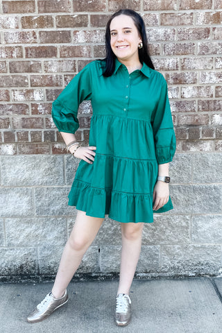 Jodifl Forest Green Tiered Mini Dress with Peasant Sleeves G13494 for Holiday Parties and Christmas pictures and Christmas Dinner