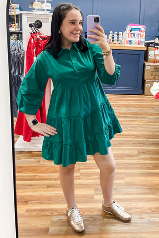 Jodifl Forest Green Tiered Mini Dress with Peasant Sleeves G13494 for Holiday Parties and Christmas pictures and Christmas Dinner