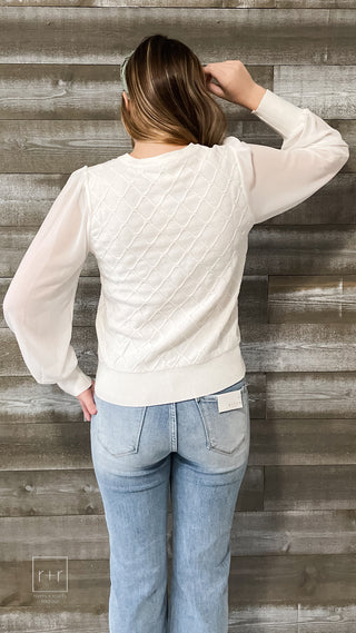 jodifl mixed fabric cotton sweater with sheer peasant sleeves G10817 off white