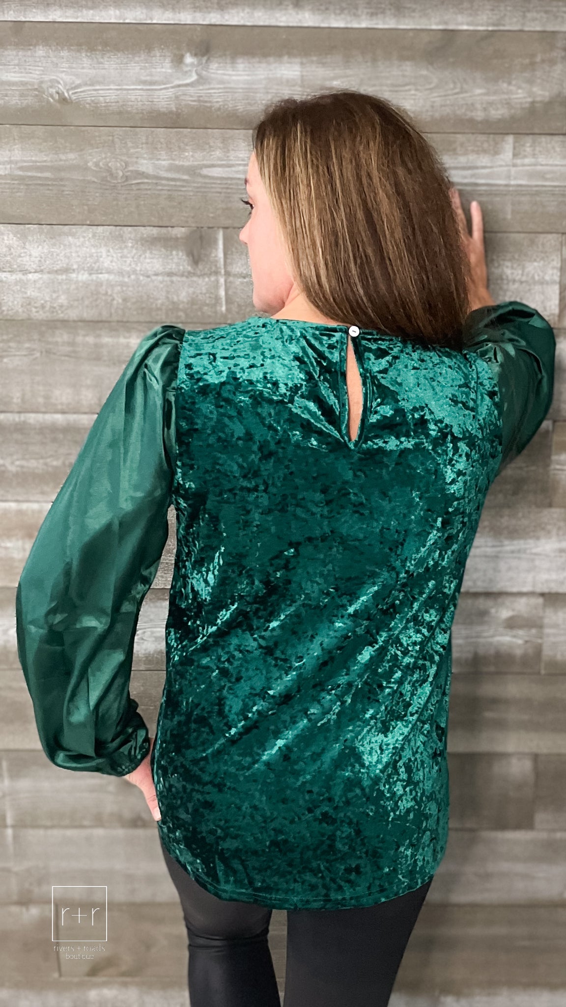 jodifl emerald velvet & satin uneck blouse peasant sleeves G10361 Emerald