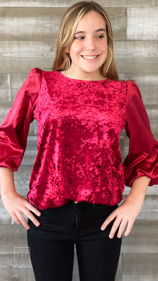 jodifl wine velvet & satin uneck blouse peasant sleeves G10361 wine