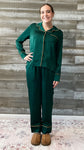 jodifl hunter green and gold trim satiny womens pajama and sleepwear set perfect for loungewear H11672