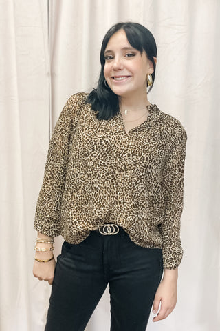 Jodifl Brown Gold Leopard Print Business Casual Blouse Vneck G40231