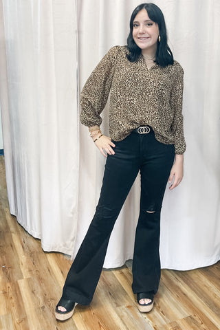 Jodifl Brown Gold Leopard Print Business Casual Blouse Vneck G40231