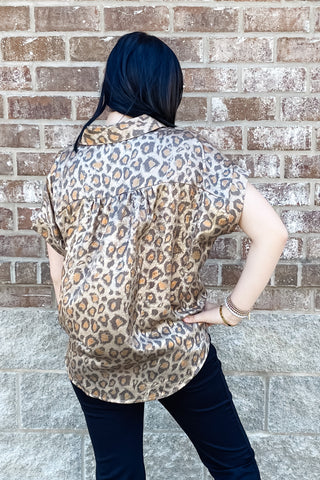 Jodifl shimmery toffee leopard print short sleeve button down blouse G8384-24 business casual