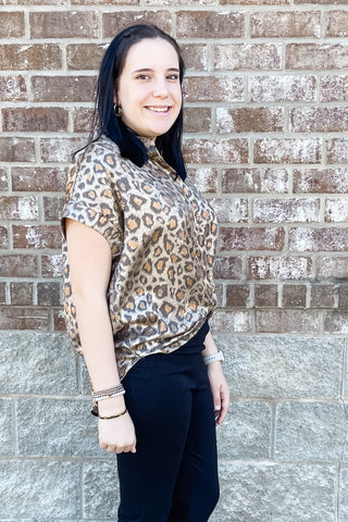 Jodifl shimmery toffee leopard print short sleeve button down blouse G8384-24 business casual