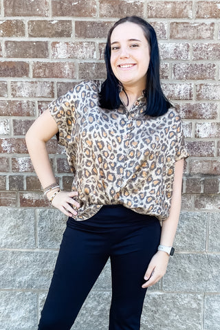 Jodifl shimmery toffee leopard print short sleeve button down blouse G8384-24 business casual