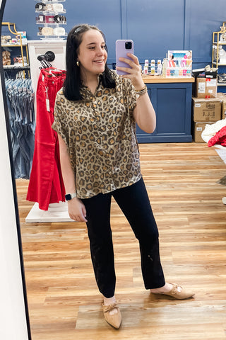 Jodifl shimmery toffee leopard print short sleeve button down blouse G8384-24 business casual