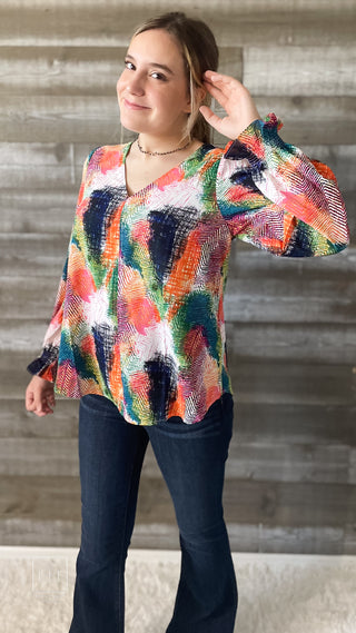 jodifl v-neck long-sleeve blouse in abstract green mix print H10461-5