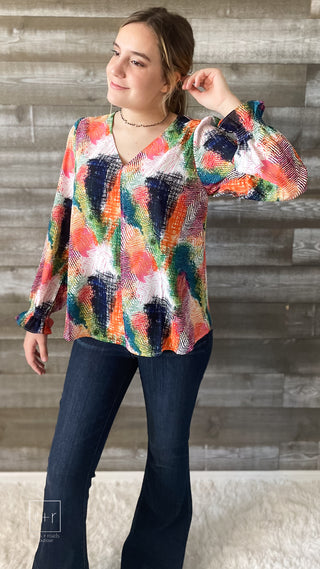 jodifl v-neck long-sleeve blouse in abstract green mix print H10461-5