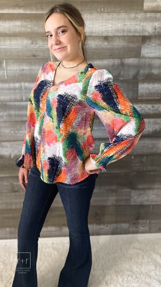 jodifl v-neck long-sleeve blouse in abstract green mix print H10461-5