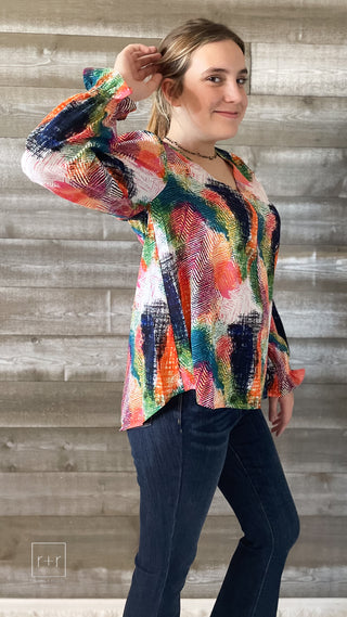 jodifl v-neck long-sleeve blouse in abstract green mix print H10461-5