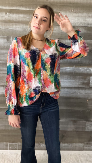 jodifl v-neck long-sleeve blouse in abstract green mix print H10461-5