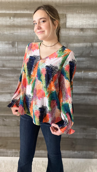 jodifl v-neck long-sleeve blouse in abstract green mix print H10461-5