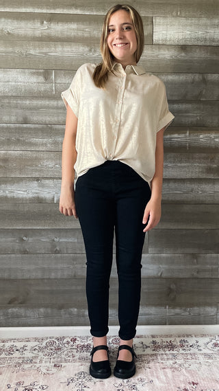 jodifl gold shimmery short sleeve button up blouse G8384-11 pearl