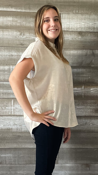 jodifl gold shimmery short sleeve button up blouse G8384-11 pearl