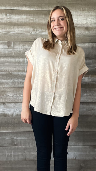 jodifl gold shimmery short sleeve button up blouse G8384-11 pearl