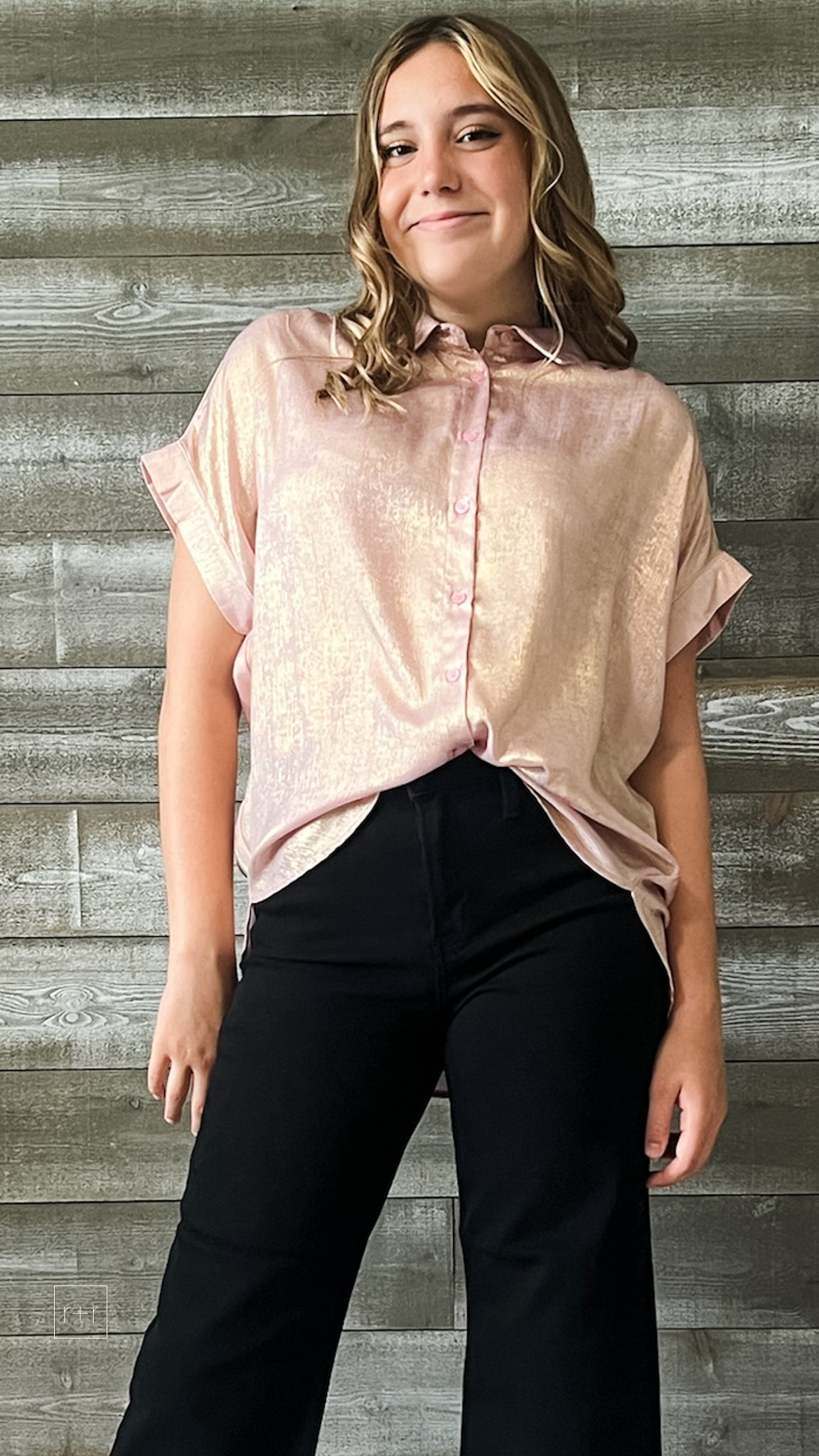 jodifl pink iridescent shimmery short sleeve button up blouse G8384-11