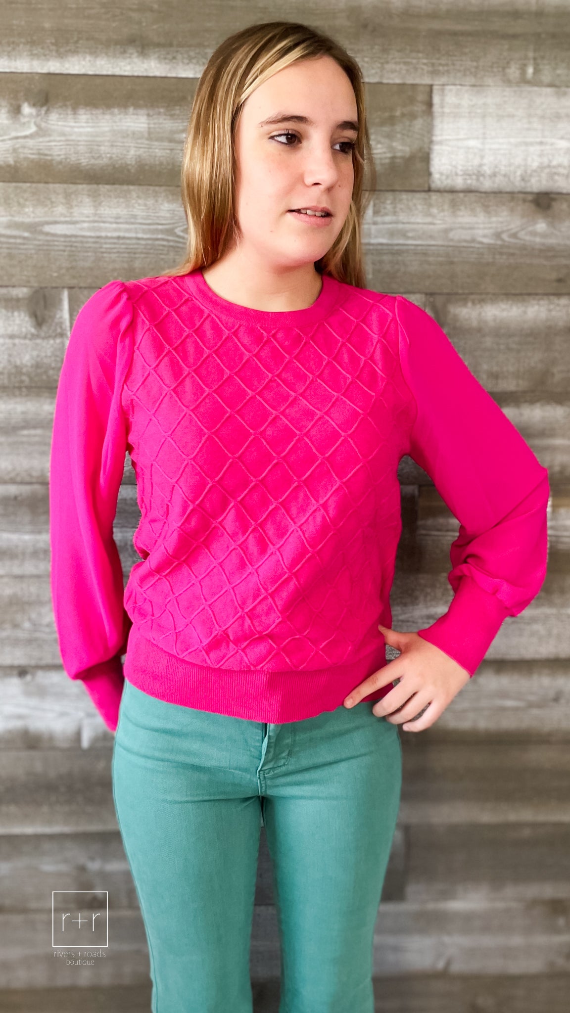jodifl mixed fabric cotton sweater with sheer peasant sleeves G10817 viva magenta