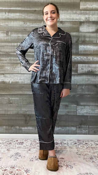 jodifl silver metallic pajama sleepwear set matching top and bottoms with trim G12066 long sleeve loungewear