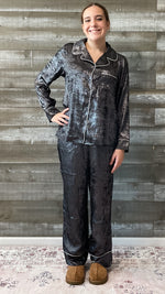 jodifl silver metallic pajama sleepwear set matching top and bottoms with trim G12066 long sleeve loungewear