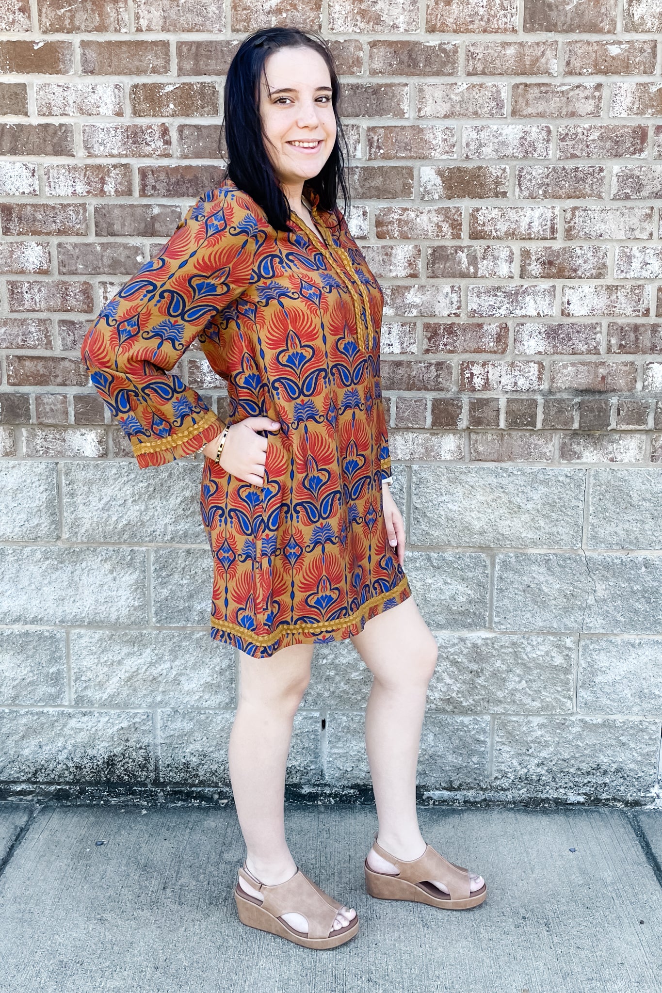 Jodifl boho toffee print long sleeve shift dress braided trim b12595 – rivers + roads boutique Jodifl boho toffee print long sleeve shift dress braided trim b12595 – rivers + roads boutique