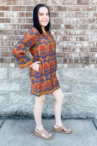 Jodifl boho toffee print long sleeve shift dress braided trim b12595