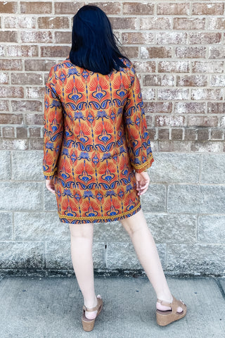 Jodifl boho toffee print long sleeve shift dress braided trim b12595