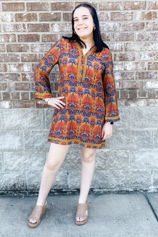 Jodifl boho toffee print long sleeve shift dress braided trim b12595