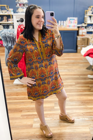 Jodifl boho toffee print long sleeve shift dress braided trim b12595