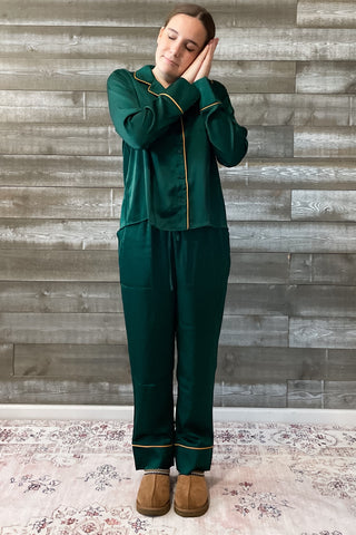 jodifl hunter green and gold trim satiny womens pajama and sleepwear set perfect for loungewear H11672