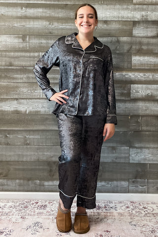 jodifl silver metallic pajama sleepwear set matching top and bottoms with trim G12066 long sleeve loungewear