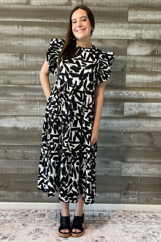 jodifl polyester midi black white abstract print dress ruffle sleeves