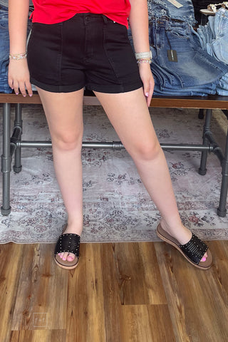 Judy Blue Black High Waist Aurora Weekender Shorts Rolled Cuff JB150358 deep utility style pockets front view