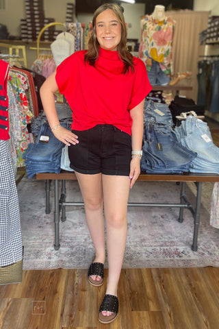Judy Blue Black High Waist Aurora Weekender Shorts Rolled Cuff JB150358 deep utility style pockets full outfit front view