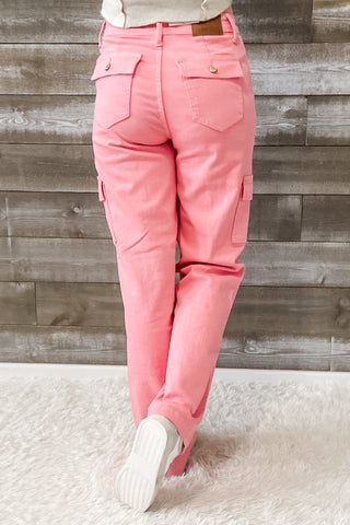 judy blue high waist buble gum pink garment dyed cargo straight leg jeans JB88837REG PK