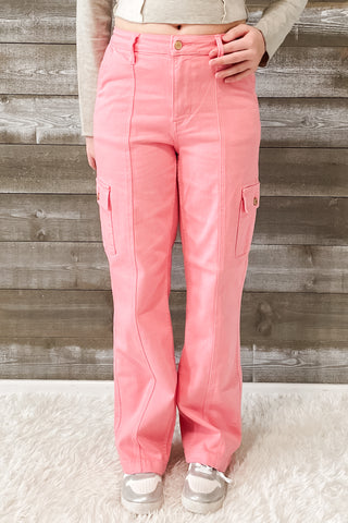 judy blue high waist buble gum pink garment dyed cargo straight leg jeans JB88837REG PK